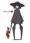  1girl axe black_hair coat english_text full_body hair_between_eyes hat highres holding holding_axe looking_at_viewer no_feet original rocket_neko science_fiction smile solo white_background white_skin 