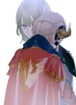  2girls blonde_hair cape character_request double_bun doughnut_hair_bun edelgard_von_hresvelg facing_away fire_emblem fire_emblem:_three_houses gold_horns grey_eyes hair_between_eyes hair_bun horns hug looking_at_viewer multiple_girls one_eye_covered parted_lips pumpkin-crazy red_cape short_hair simple_background two-headed_eagle upper_body white_background white_hair yuri 