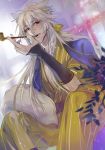  1boy animal_ears dutch_angle fangs fox_ears fox_tail hair_flaps haori japanese_clothes japanese_house kimono kiseru kogitsunemaru long_hair looking_at_viewer male_focus nine-year pipe red_eyes sitting solo tail touken_ranbu white_hair 