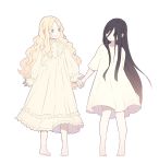 2girls :| ai-wa arms_at_sides bangs barefoot black_eyes black_hair blonde_hair blue_eyes bright_pupils closed_mouth colored_eyelashes dress expressionless eye_contact eyebrows_visible_through_hair floating_hair frilled_sleeves frills full_body gradient_hair grin hair_between_eyes highres holding_hands knees_together_feet_apart legs_apart long_hair long_sleeves looking_at_another multicolored_hair multiple_girls nightgown original parted_bangs pigeon-toed puffy_sleeves short_sleeves simple_background smile standing straight_hair tareme turtleneck very_long_hair wavy_hair white_background white_dress white_frills white_pupils 