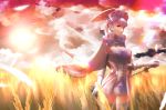  1girl absurdres blue_eyes breasts cape curly_hair dress elbow_gloves gloves hat head_wings highres holding huge_filesize looking_at_viewer medium_breasts melia mercury_xeno papapa36 silver_hair smile solo staff sunset thigh_gap thighhighs wide_hips xenoblade_(series) xenoblade_1 