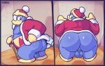 2024 absurd_res against_surface against_wall anthro avian backsack balls belly big_butt bird bitebox64 blue_body bottomless butt clothed clothing crown genitals headgear hi_res king_dedede kirby_(series) male moobs nintendo nipples overweight penguin perineum presenting presenting_hindquarters robe solo