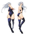  1girl arms_behind_back ass back bare_shoulders blue_leotard blue_thighhighs breasts commentary english_commentary floating_hair full_body grey_hair groin hair_between_eyes highres kneepits leotard long_hair looking_at_viewer looking_back looking_to_the_side multiple_views original outstretched_arm parted_lips red_eyes simple_background tbocart thighhighs white_background 