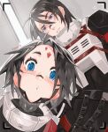  2girls android armor artist_name black_hair blue_eyes breastplate commentary english_text gloww heart highres humanoid_robot kolibri_(signalis) looking_at_viewer messy_hair multiple_girls robot robot_girl short_hair signalis storch_(signalis) sweatdrop v viewfinder 