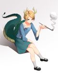  1girl absurdres black_footwear blonde_hair blue_shirt blue_skirt collarbone crossed_legs dragon_horns dragon_tail full_body gradient gradient_background grey_background grey_legwear highres holding holding_pipe horns kicchou_yachie long_sleeves looking_at_viewer mary_janes ozu_(agito100001) pipe red_eyes shadow shirt shoes short_hair sitting skirt smoke socks solo tail touhou white_background 