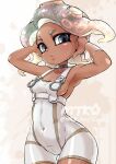  1girl agent_8_(splatoon) armpits arms_up artist_name bodysuit breasts cameltoe collarbone commentary_request covered_navel cowboy_shot dark-skinned_female dark_skin eyelashes grey_eyes grey_hair medium_breasts medium_hair mutsuki_(pixiv116518) octoling octoling_girl parted_lips sleeveless sleeveless_bodysuit solo splatoon_(series) splatoon_3 splatoon_3:_side_order standing tentacle_hair thick_eyebrows twitter_username watermark white_bodysuit 