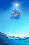  animal_focus blue_skin blue_sky colored_skin commentary_request crocodilian gradient_sky highres jumping no_humans open_mouth outdoors pokemon pokemon_(creature) red_eyes sharp_teeth sky sun teeth totodile valentine_(02140314c) water 