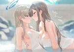  2girls asuna_(blue_archive) blue_archive blue_eyes blue_hair blue_halo blue_nails blush breasts brown_hair commentary_request eye_contact face-to-face halo hand_on_another&#039;s_waist imminent_kiss large_breasts long_hair looking_at_another medium_breasts mole mole_on_breast multicolored_hair multiple_girls nail_polish naked_towel onsen parted_lips partially_submerged sese_nagi streaked_hair toki_(blue_archive) tongue tongue_out towel water wet yuri 