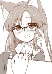  1girl :d adjusting_eyewear animal_ear_fluff animal_ears bespectacled blush clipboard collared_shirt fingernails glasses hand_up head_tilt imaizumi_kagerou long_hair monochrome open_mouth over-rim_eyewear pen poronegi semi-rimless_eyewear shirt simple_background smile solo sweatdrop touhou upper_body white_background wing_collar wolf_ears 