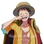  1boy black_hair closed_eyes coat coat_on_shoulders collared_coat commentary_request epaulettes frilled_sleeves frills happy_birthday hat highres love1loooomy male_focus monkey_d._luffy one_piece open_clothes open_shirt red_coat scar scar_on_chest scar_on_face shirt short_hair simple_background smile solo straw_hat upper_body white_background yellow_shirt 