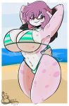 2:3 anthro beach big_breasts bikini breasts bunnit_(artist) cel_shading clothed clothing curvy_figure detailed_background eyewear female freckles fur glasses hair hands_behind_head hi_res lagomorph leporid looking_at_viewer mammal markings multicolored_body multicolored_fur navel pattern_clothing pink_body pink_fur pink_hair rabbit seaside shaded signature smile smiling_at_viewer solo spots spotted_markings strawbunny_(bunnit) striped_clothing stripes swimwear thick_thighs trans_(lore) trans_woman_(lore) two_tone_body two_tone_fur under_boob voluptuous wide_hips