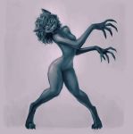  2020 4_toes 5_fingers alternate_version_at_source anthro biped breasts claws curled_hair digital_media_(artwork) digitigrade fangs featureless_breasts featureless_crotch female fingers full-length_portrait fur grey_background hair hi_res long_fingers long_hair looking_at_viewer mammal monochrome monster napalm_express nude portrait simple_background small_breasts smile solo standing toe_claws toes 