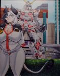 absurd_res alejandra big_breasts bovid bovine breasts cattle chalo cosplay detailed detailed_background eyewear female glasses gundam hands_behind_back hi_res horn japan machine mammal mecha mobile_suit mtapartstuff pilot slightly_chubby thick_thighs traditional_media_(artwork) unicorn_gundam