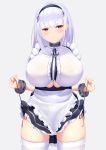  1girl :o absurdres anchor_choker anchor_necklace apron arm_up azur_lane bangs black_hairband black_panties black_skirt blunt_bangs breasts center_frills choker commentary_request cowboy_shot dido_(azur_lane) earrings eyebrows_visible_through_hair frilled_apron frilled_choker frilled_skirt frills hairband highres jewelry kanade_pa lace-trimmed_hairband large_breasts lifted_by_self long_hair maid_apron panties parted_lips pulled_by_self purple_eyes revision shirt side-tie_panties silver_hair simple_background skirt skirt_lift sleeveless sleeveless_shirt solo strap_pull thighhighs underboob underboob_cutout underwear waist_apron white_apron white_background white_legwear white_shirt 