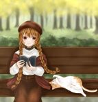  1girl animal bench beret blurry blurry_background book braid brown_eyes brown_hair cat hat highres holding holding_book long_hair long_sleeves looking_to_the_side on_bench original outdoors plaid plaid_skirt shawl sitting skirt smile solo suzuko_(suzukosz) twin_braids very_long_hair 