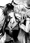  2girls absurdres animal_ear_fluff animal_ears arknights ascot bite_mark bite_mark_on_neck breasts collared_shirt fangs fingerless_gloves gloves greyscale hair_between_eyes hand_grab hand_on_another&#039;s_cheek hand_on_another&#039;s_face hand_up highres holding_hands interlocked_fingers jacket jacket_on_shoulders lappland_(arknights) long_hair long_sleeves looking_at_another looking_at_viewer medium_breasts messy_hair monochrome multiple_girls open_mouth pillar scar scar_across_eye senju_yosiyuki shirt smile smug sweat teeth texas_(arknights) tongue upper_body v-shaped_eyebrows vest wolf_ears wolf_girl wolf_print yuri 