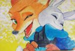  canid canine disney duo fox fur grey_body grey_fur hi_res hug judy_hopps lagomorph leporid mammal monmokamoko nick_wilde one_eye_closed open_mouth open_smile orange_body orange_fur rabbit red_fox smile traditional_media_(artwork) wink zootopia 