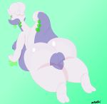  absurd_res anthro belly big_butt breasts butt butt_focus dragon female goodra green_eyes hi_res looking_at_viewer looking_back nintendo noirnoir overweight overweight_female pok&eacute;mon pok&eacute;mon_(species) presenting purple_body simple_background solo thick_tail thick_thighs video_games 