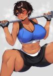  1girl absurdres barbell black_gloves black_shorts blue_eyes blue_sports_bra breasts brown_hair cleavage commentary_request commission dark-skinned_female dark_skin exercise fingerless_gloves girls_und_panzer gloves grey_background highres huge_breasts kshimu looking_at_viewer navel one_eye_closed open_mouth partial_commentary pixiv_commission short_hair shorts solo sports_bra squatting steam suzuki_(girls_und_panzer) sweat weightlifting 