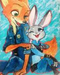  absurd_res anthro blue_background canid canine clothed clothing disney duo english_text fox fully_clothed fur grey_body grey_fur hi_res judy_hopps lagomorph leporid mammal monmokamoko nick_wilde open_mouth open_smile orange_body orange_fur rabbit red_fox simple_background sitting smile text traditional_media_(artwork) zootopia 