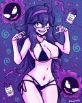  1girl 2others @_@ arms_up bags_under_eyes bikini black_bikini black_nails bottle breasts crazy_smile curly_hair evil_grin evil_smile fangs fire gastly gradient_background grin hair_between_eyes headband hex_maniac_(pokemon) highres horror_(theme) large_breasts long_hair milk_bottle multiple_others navel open_mouth pokemon purple_background purple_fire purple_hair purple_headband smile sparkle_background spiral swimsuit thighs very_long_hair vewuinsky wide_hips 
