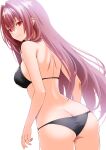  1girl alternate_costume ass bikini black_bikini breasts butt_crack closed_mouth commentary_request engo_(aquawatery) fate/grand_order fate_(series) floating_hair from_behind hair_between_eyes hair_intakes highres lips long_hair looking_at_viewer medium_breasts pink_lips purple_hair red_eyes scathach_(fate) simple_background smile solo swimsuit very_long_hair white_background 