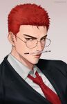  1boy glasses highres jigpanjang male_focus open_mouth pencil_as_mustache red_tie sakuragi_hanamichi short_hair slam_dunk_(series) solo spiked_hair suit upper_body white_background 