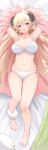  1girl absurdres ahoge animal_ears armpits arms_up barefoot blonde_hair bra breasts coat collarbone commentary_request curled_horns eat_some_cookie feet full_body hair_between_eyes highres hololive horns knees_together_feet_apart large_breasts legs long_hair looking_at_viewer lying navel on_back panties pink_coat plump purple_eyes revision sheep_ears sheep_girl sheep_horns spread_toes sweat thighs toenails toes tongue tongue_out tsunomaki_watame underwear underwear_only virtual_youtuber white_bra white_panties 