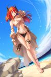  1girl absurdres arknights beach bikini black_bikini blue_sky bowlp breasts burnt_clothes cloud day detached_sleeves full_body hand_in_own_hair highres holding holding_shoes horns large_breasts long_hair navel ocean official_alternate_costume outdoors purple_eyes red_hair sand shoes side-tie_bikini_bottom sky solo stomach surtr_(arknights) surtr_(colorful_wonderland)_(arknights) swimsuit swimsuit_cover-up thigh_strap walking 