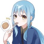  1other blue_hair blush chocoeiru fork highres holding holding_fork humanization long_hair looking_at_viewer rimuru_tempest simple_background tensei_shitara_slime_datta_ken yellow_eyes 