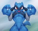 2023 2d_animation absurd_res animated anthro biceps big_muscles blue_background bodily_fluids disembodied_hand flexing front_view fur generation_4_pokemon hand_on_arm hi_res huge_muscles looking_at_viewer loop male muscular muscular_anthro muscular_male navel nintendo nude obliques pecs pokemon pokemon_(species) riolu short_playtime simple_background smile solo standing sweat triceps tuft waddledox