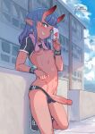  1girl aqua_eyes blue_hair blue_sky blush breasts bulge cloud colored_skin ear_piercing erection futanari grin highres jack_rockhardt large_penis letter long_hair looking_at_viewer navel nipples oni open_mouth original outdoors panties penis piercing pointy_ears red_skin shrug_(clothing) sky small_breasts smile solo sweat towel towel_around_neck uncensored underwear wristband 