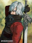  1boy black_gloves blue_eyes dante_(devil_may_cry) devil_may_cry_(series) devil_may_cry_2 gloves hair_over_one_eye highres holding holding_sword holding_weapon juliewithaxe male_focus rebellion_(sword) solo sword weapon weapon_on_back white_hair 