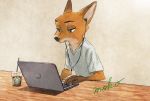  2019 anthro brown_body brown_fur canid canine clothed clothing computer cup disney fox fur hi_res laptop mammal monmokamoko nick_wilde red_fox shirt solo straw t-shirt topwear zootopia 