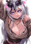  1girl :q arm_up azur_lane black_bra black_hair bra breasts cleavage commentary_request elbe_(azur_lane) elbe_(pure-hearted_bad_girl)_(azur_lane) eyewear_on_head fuyuki_jun hair_between_eyes hand_up heart heart-shaped_pupils highres jewelry lace-trimmed_bra lace_trim large_breasts long_hair looking_at_viewer multicolored_hair nail_polish necklace o-ring off-shoulder_shirt off_shoulder pointing pointing_at_self purple_eyes red_nails shirt single_bare_shoulder smile solo streaked_hair sunglasses symbol-shaped_pupils tongue tongue_out two-tone_hair underwear upper_body very_long_hair white_hair 