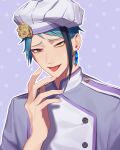  13_(bbr584607091) 1boy aqua_hair black_hair brown_eyes chef_hat earrings hat heterochromia highres jacket jade_leech jewelry licking licking_finger looking_at_viewer male_focus multicolored_clothes multicolored_hair multicolored_jacket official_alternate_costume open_mouth outline purple_background purple_jacket sharp_teeth simple_background single_earring solo streaked_hair teeth tongue tongue_out twisted_wonderland two-tone_jacket upper_body white_jacket yellow_eyes 