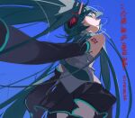  1girl absurdres black_skirt blue_background blue_eyes blue_hair blue_necktie chinese_commentary commentary_request cowboy_shot detached_sleeves floating_hair from_below grey_shirt hatsune_miku headphones highres kuukan_jijou_jikan_jishou._(vocaloid) long_hair looking_to_the_side miniskirt mixed-language_commentary necktie no_mouth number_tattoo nyansky profile shirt shoulder_tattoo simple_background skirt sleeveless sleeveless_shirt sleeves_past_fingers sleeves_past_wrists solo song_name tattoo translation_request twintails very_long_hair vocaloid wind 