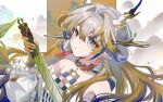  1girl arknights bare_shoulders blonde_hair blue_eyes branch closed_mouth colored_skin dragon_girl dragon_horns earrings ershi_ye eyeliner glint grey_hair hair_between_eyes hair_intakes hair_ornament hair_stick highres holding holding_sword holding_weapon horns jacket jewelry long_hair long_sleeves looking_at_viewer makeup multicolored_hair off_shoulder open_clothes open_jacket pointy_ears red_eyeliner red_pupils shu_(arknights) sidelocks smile solo streaked_hair sword tassel tassel_earrings upper_body weapon white_jacket 