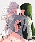  2girls amane_(7783) bare_shoulders black_bra blush bra breast_tattoo breasts cleavage eye_contact from_side gradient_background green_hair green_nails grey_hair grey_shirt highres long_hair long_sleeves looking_at_another miniskirt multiple_girls nail_polish original pleated_skirt shirt skirt stomach_tattoo sweat tattoo tongue tongue_out underwear yellow_eyes yuri 