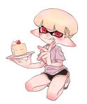  1boy :q black_shorts cake food full_body holding holding_plate ikki_(gsl_9708) inkling inkling_boy looking_at_viewer male_focus pink_shirt plate pointy_ears red_eyes shirt short_hair short_shorts shorts simple_background smile solo splatoon_(series) squatting strawberry_shortcake tentacle_hair tongue tongue_out white_background white_hair yellow_trim 