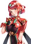  1girl absurdres black_gloves breasts chest_jewel drop_earrings earrings fingerless_gloves gem gloves head_tilt headpiece highres impossible_clothes jewelry large_breasts looking_at_viewer looking_to_the_side pyra_(xenoblade) red_eyes red_hair short_hair simple_background smile swept_bangs tpicm white_background xenoblade_chronicles_(series) xenoblade_chronicles_2 