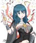  1girl alcohol armor bangs blue_eyes blue_hair breasts byleth_(fire_emblem) celebration champagne champagne_flute confetti cup draconety drinking_glass fire_emblem fire_emblem:_three_houses hair_between_eyes highres large_breasts lips looking_at_viewer medium_hair navel navel_cutout nintendo signature simple_background smile solo super_smash_bros. vambraces watermark 