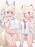  2girls animal_ear_fluff animal_ears blonde_hair blue_eyes blue_hair blue_nails blue_necktie blue_panties blue_sailor_collar blush breasts closed_mouth collarbone commentary covering_privates dog_ears dog_girl dog_tail english_commentary feet_out_of_frame fuwawa_abyssgard groin hair_between_eyes hand_on_own_hip heart heart-shaped_pupils heavy_breathing highres hololive hololive_english large_breasts long_hair looking_at_viewer medium_hair mococo_abyssgard moral_cacoethes multicolored_hair multiple_girls nail_polish necktie nude nude_cover open_mouth paid_reward_available panties pink_eyes pink_hair pink_nails pink_necktie pink_panties pink_sailor_collar sailor_collar sailor_shirt shirt short_necktie siblings sisters small_breasts smile standing steam streaked_hair striped_clothes striped_panties symbol-shaped_pupils tail twins two_side_up underwear underwear_only unworn_shit virtual_youtuber white_shirt 