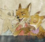  2019 anthro brown_body brown_fur canid canine cigarette clothed clothing disney female fox fur group mammal monmokamoko nick_wilde red_fox smoke zootopia 