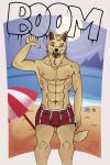  2020 2:3 abs adamayster anthro beach boxers_(clothing) canid canine canis clothing domestic_dog glowing hair hi_res holidays humanoid looking_at_viewer male mammal muscular red_eyes sea seaside smile solo summer underwear water 