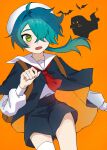  1boy absurdres bat_(animal) blue_hair blush cloak cowboy_shot ghost green_eyes hair_over_one_eye hat highres long_hair long_sleeves male_focus necktie open_mouth orange_background original ponytail qura sailor_collar single_thighhigh solo thick_eyebrows thighhighs 