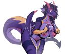 anthro big_breasts breasts dragon female gesture hand_heart hi_res horn membrane_(anatomy) membranous_wings miramint nipples nude purple_body purple_scales scales scalie simple_background solo spade_tail tail thick-tail tongue tongue_out white_background wings