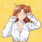  blush brown_hair collarbone crescent hirakawa paw_pose sheep shirt smile star_(symbol) tsukihime twintails white_shirt yellow_background yumizuka_satsuki 