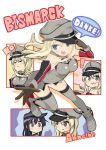  2girls :t akatsuki_(kantai_collection) anchor bangs bare_shoulders bismarck_(kantai_collection) blonde_hair blush breastplate breasts commentary_request detached_sleeves eating ebifurya eyebrows_visible_through_hair flat_cap food food_on_face gloves grey_eyes grey_legwear hair_between_eyes hat highres holding holding_food kantai_collection long_hair looking_at_viewer multiple_girls multiple_views open_mouth peaked_cap purple_eyes purple_hair simple_background smile thighhighs uniform white_background 