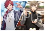  2boys :d black_sweater_vest blazer blue_eyes blue_jacket booth_seating brown_hair building cafe cloud copyright_notice cushion day earclip earrings food fork green_eyes grey_shirt hair_between_eyes hair_over_shoulder hand_up holding holding_fork incoming_food indoors jacket jewelry kanae_(nijisanji) key key_necklace lapels lauren_iroas lens_flare long_hair long_sleeves looking_at_viewer low_ponytail male_focus mole mole_under_eye multiple_boys necklace nijisanji notched_lapels official_art open_clothes open_jacket outdoors pancake parted_lips plaid plaid_jacket red_hair sample_watermark shirt smile sogawa split_screen stud_earrings sweater sweater_vest swept_bangs turtleneck upper_body virtual_youtuber watermark whipped_cream white_sweater 